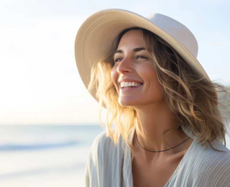 Lächelnde Frau mit Sonnenhut, Swing-Onlinetraining Leben